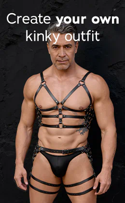 There is a man wearing a black leather harness and harness thong standing in front of a dark background. There is some text that says: “Create your own kinky outfit” and a red button with the text: “I want it”.
