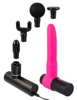 Massagegerät „Sex & Massage Gun“ mit 4 Aufsätzen + Silikon-Dildo