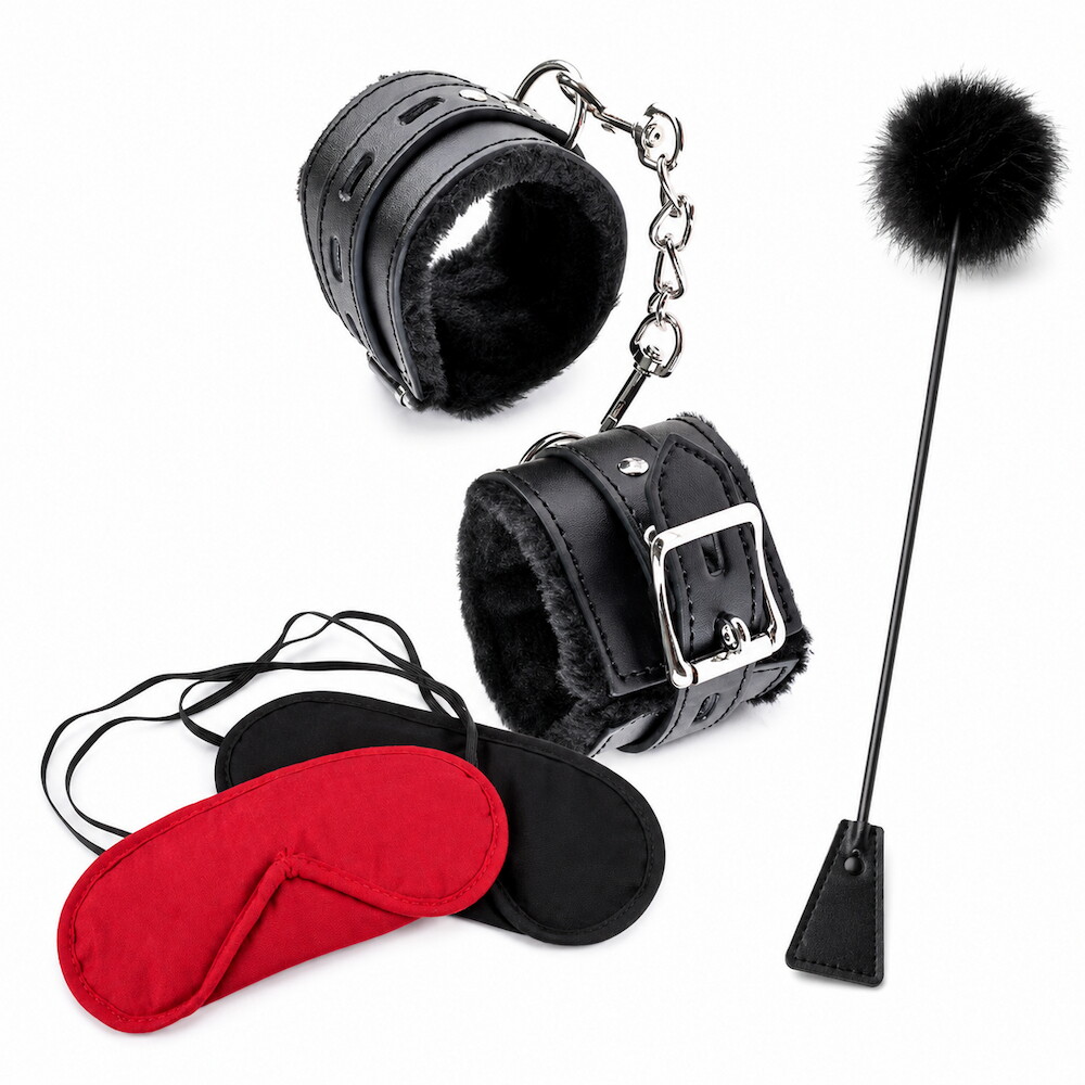 Soft Bondage Starter Set mit Handfesseln, Augenmasken & Feder-Peitsche