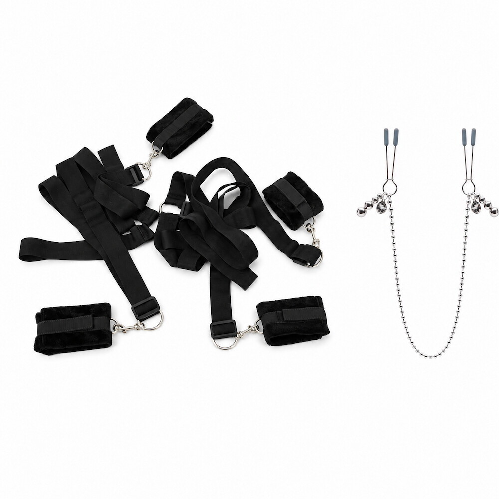 Stay Right There – Bed Bondage Set with Bed Restraints & Nipple Clamps