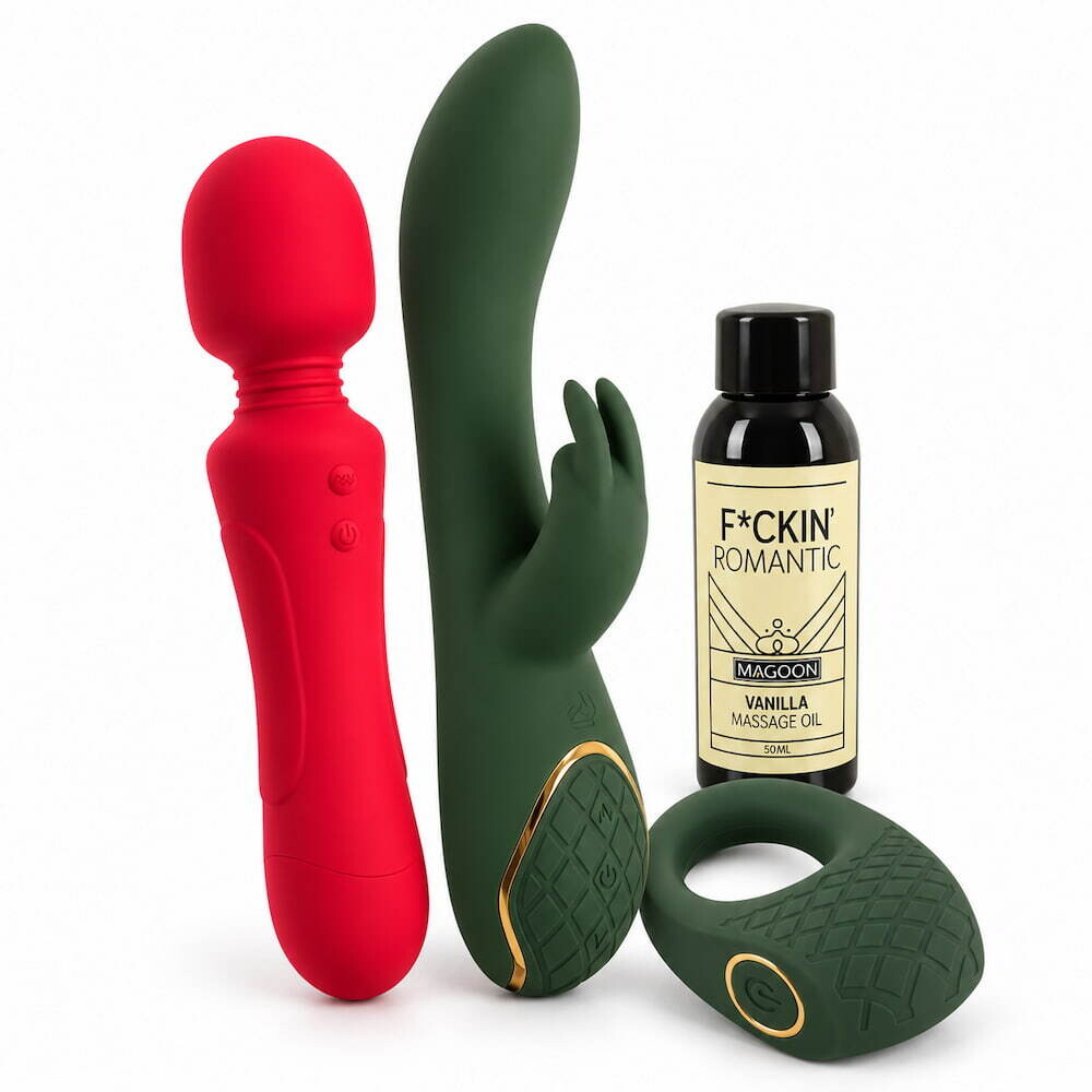 Weihnachts-Set mit Rabbitvibrator, Penisring, Massagestab & Massageöl