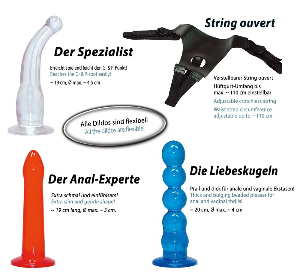 Umschnalldildo-Set "Strap-on! Colour“ mit 3 Dildos zum Austauschen