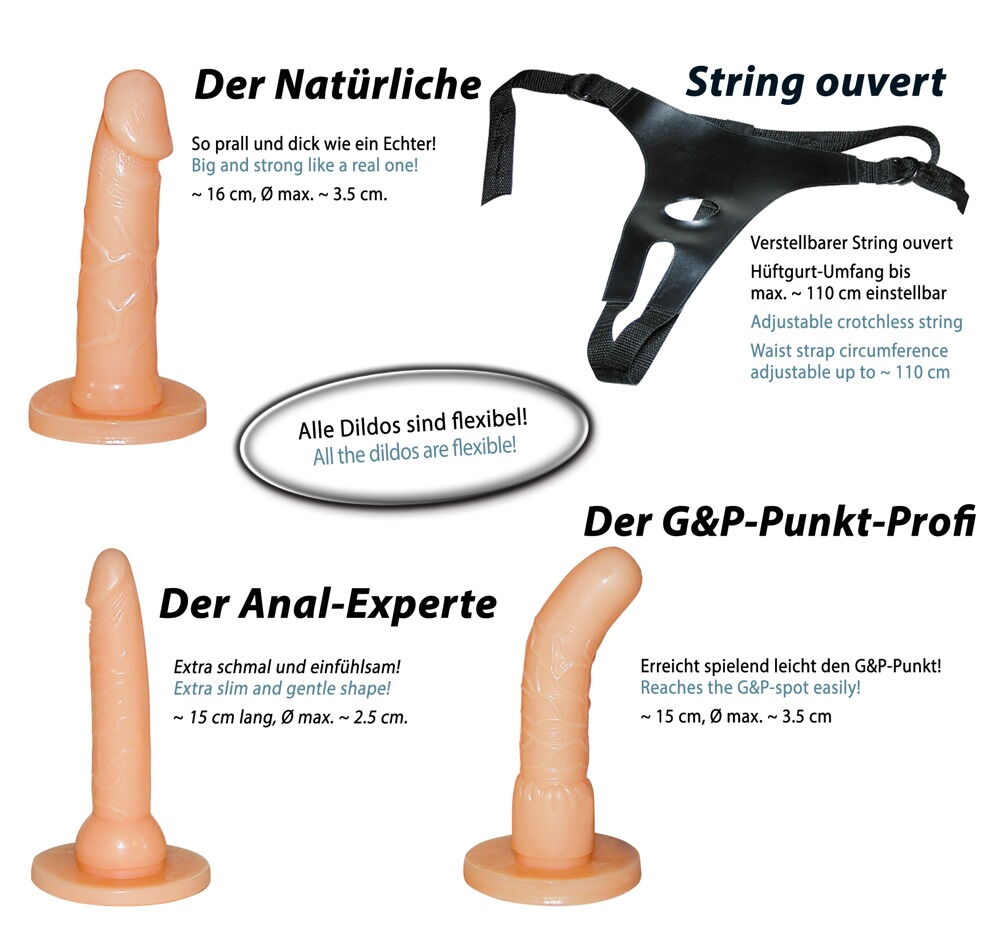 Umschnalldildo-Set „Strap on”, mit 3 Dildos zum Austauschen