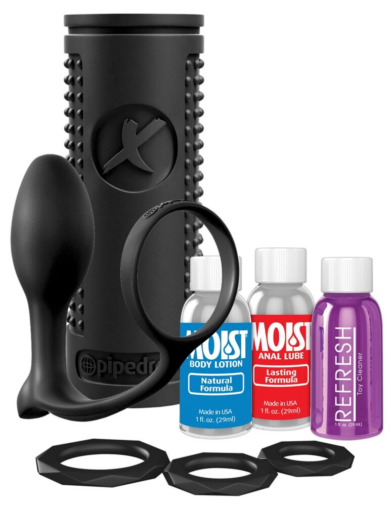 Set „Ass-Gasm Explosion Kit“ mit Masturbator, Analplug/Penisring, Gleiter, Cleaner