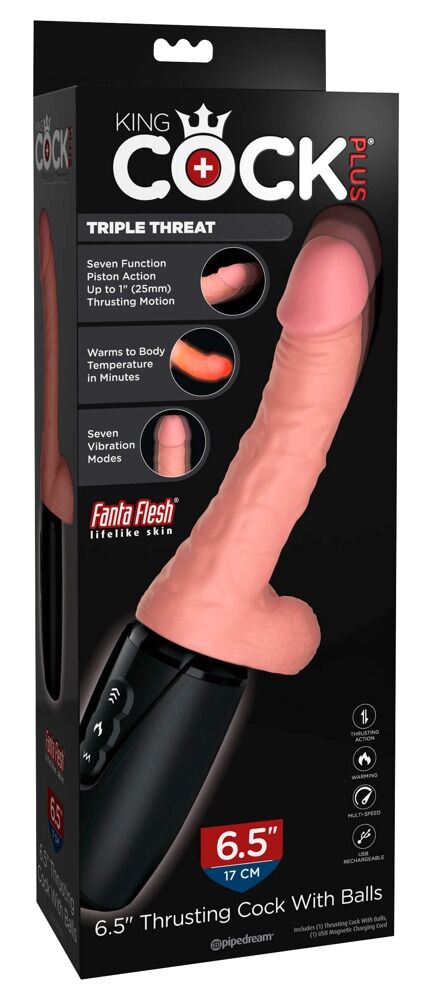 Stoßvibrator „6,5“ Thrusting Cock with Balls“, mit Wärmefunktion, 7 Vibrationsmodi