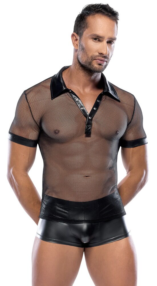 Hemd aus Netz und Wetlook, mit Polokragen