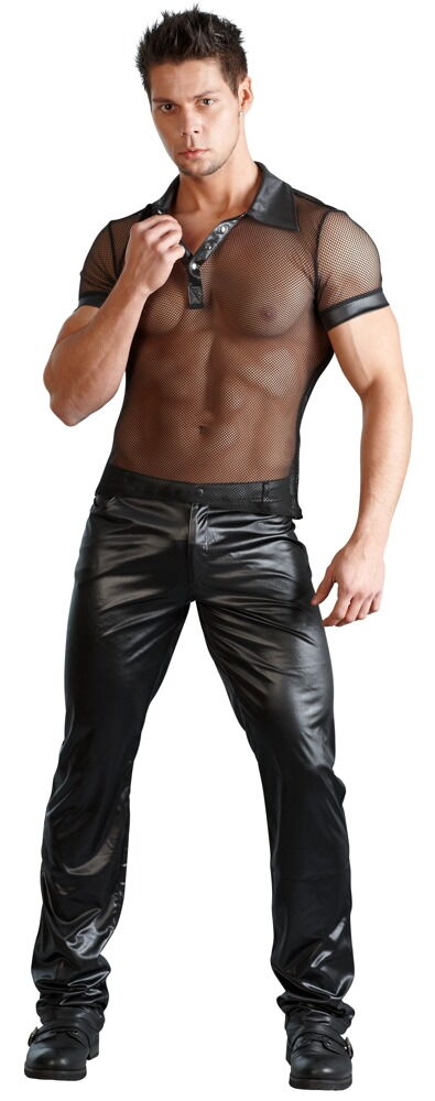 Hemd aus Netz und Wetlook, mit Polokragen