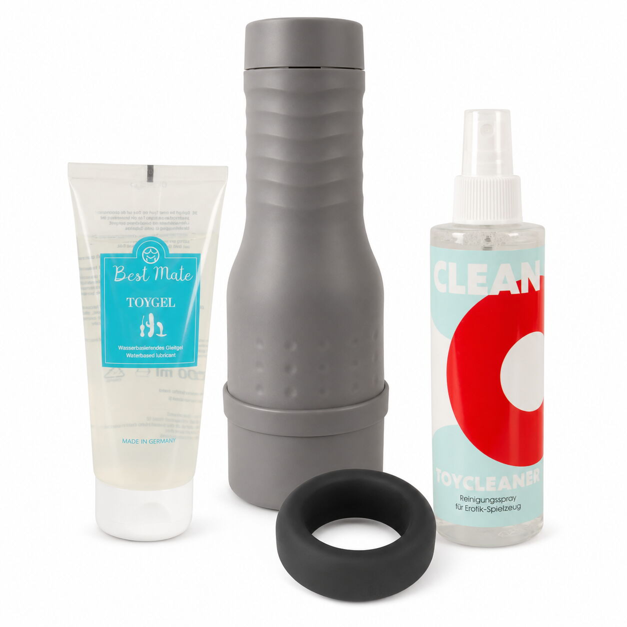 Masturbator-Set „The V-Stroker Lucia“ mit Penisring, Gleitgel & Toycleaner, 4-teilig