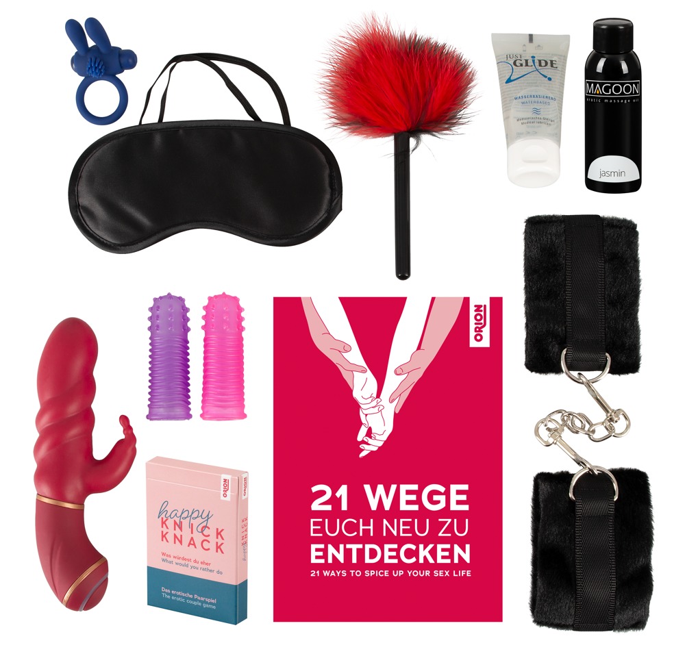 10-teiliges Paket „21 Wege“ mit Vibro-Toys, Massage-Öl, Soft-Bondage u.v.m