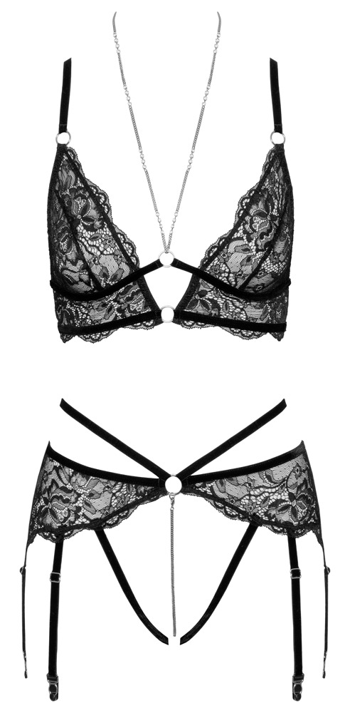 Bralette plus Straps-String ouvert aus Spitze mit Samtdetails