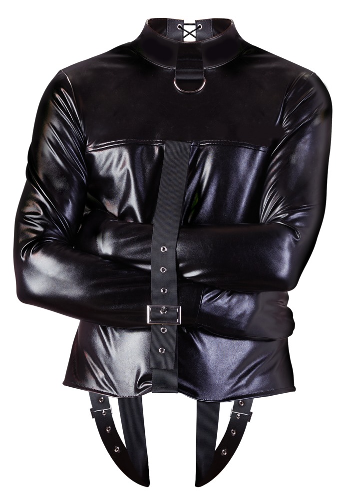 Zwangsjacke aus Lederimitat mit verstellbarem Riemen durch den Schritt