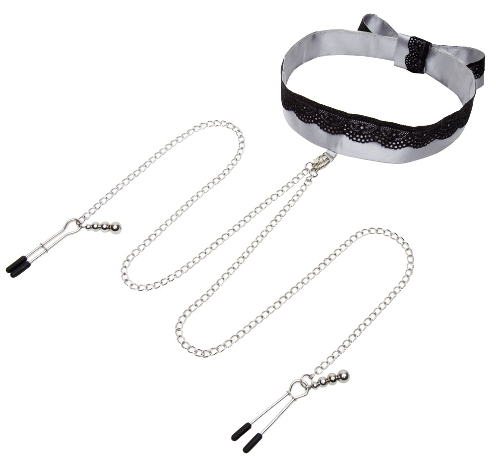 Halsband mit Nippelklemmen „Play Nice Satin Collar & Nipple Clamps“